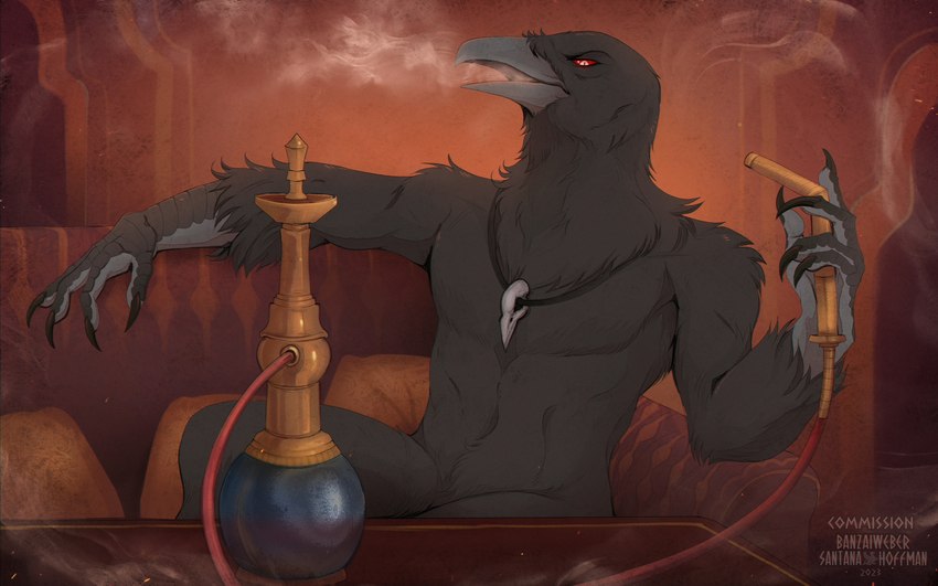 5_fingers anthro beak black_claws claws feathers finger_claws fingers grey_beak grey_body grey_feathers hookah inside jewelry looking_at_viewer male necklace nude open_beak open_mouth pupils red_sclera scuted_arms scutes sitting skull_necklace slit_pupils smoke smoking solo white_eyes santanahoffman dungeons_and_dragons hasbro wizards_of_the_coast malik_rawge avian bird corvid corvus_(genus) kenku oscine passerine raven 2023 dated digital_media_(artwork) hi_res shaded signature watermark