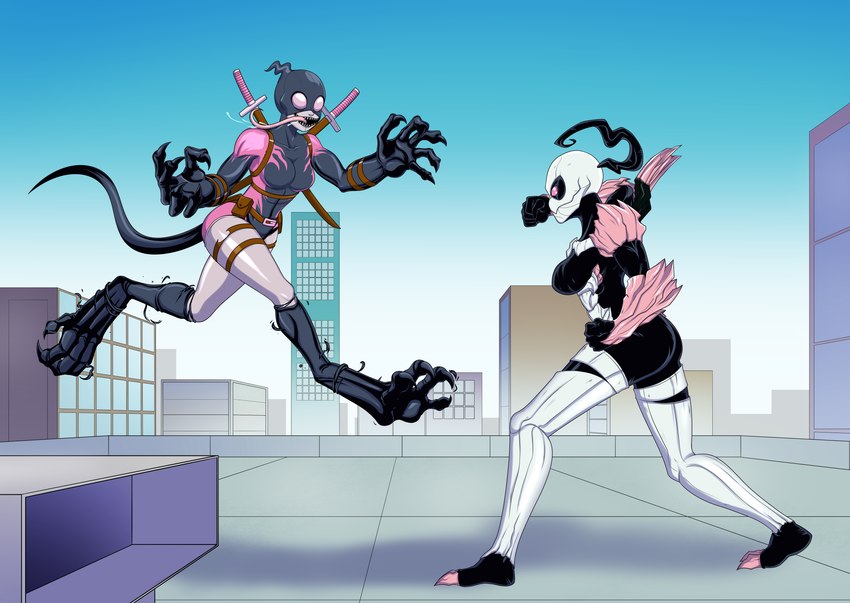 belt big_feet big_hands blue_sky bodily_fluids bone bone_armor breasts building city cityscape claws day detailed_background digitigrade drooling duo feet female female_humanoid fight fighting_pose fist jumping katana long_tongue melee_weapon mid_transformation midair not_furry open_mouth open_smile outside pink_eyes pose rooftop saliva sharp_teeth side_boob skull skull_head sky skyline skyscraper smile square_crossover sword sword_on_back teeth tongue tongue_out transformation utility_belt weapon dzk marvel gwenpool humanoid symbiote 2020 absurd_res hi_res