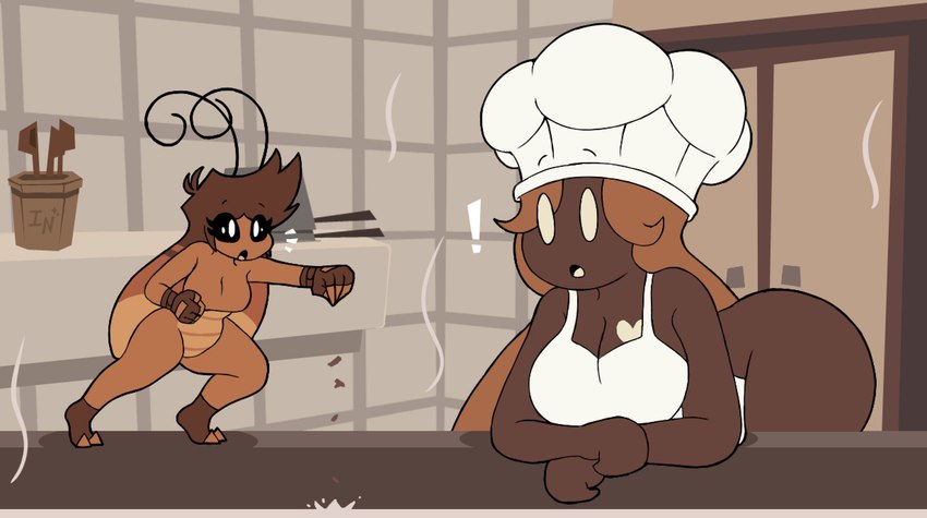 2_toes 4_fingers :o antennae_(anatomy) anthro apron bar_emanata bent_over big_breasts black_eyes bottomless breasts brown_body brown_clothing brown_fingerless_gloves brown_footwear brown_gloves brown_hair brown_handwear brown_skin brown_socks chef_hat cleavage clothed clothing container door duo emanata empty_eyes exclamation_point extreme_size_difference eye_through_hair eyebrow_through_hair eyebrows eyelashes featureless_breasts featureless_crotch feet female fingerless_gloves fingers footwear gloves hair handwear hat headgear headwear inside long_hair mostly_nude open_mouth pupils size_difference socks standing thick_thighs toeless_footwear toeless_socks toes translucent translucent_hair white_apron white_clothing white_eyes white_pupils wide_hips imbynova cocoa_drop rachie_(imbynova) arthropod blattodea cockroach human insect mammal 2023 digital_media_(artwork) hi_res signature