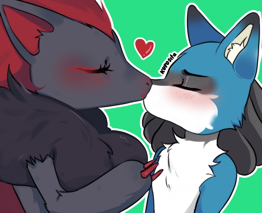 anthro aura blue_body blue_fur blush breasts chibi claws duo eyes_closed female fur grey_body grey_fur hair heart_symbol kissing long_hair love male male/female red_claws red_hair kurosita nintendo pokemon husky_lucario canid canine fox generation_4_pokemon generation_5_pokemon lucario mammal pokemon_(species) zoroark