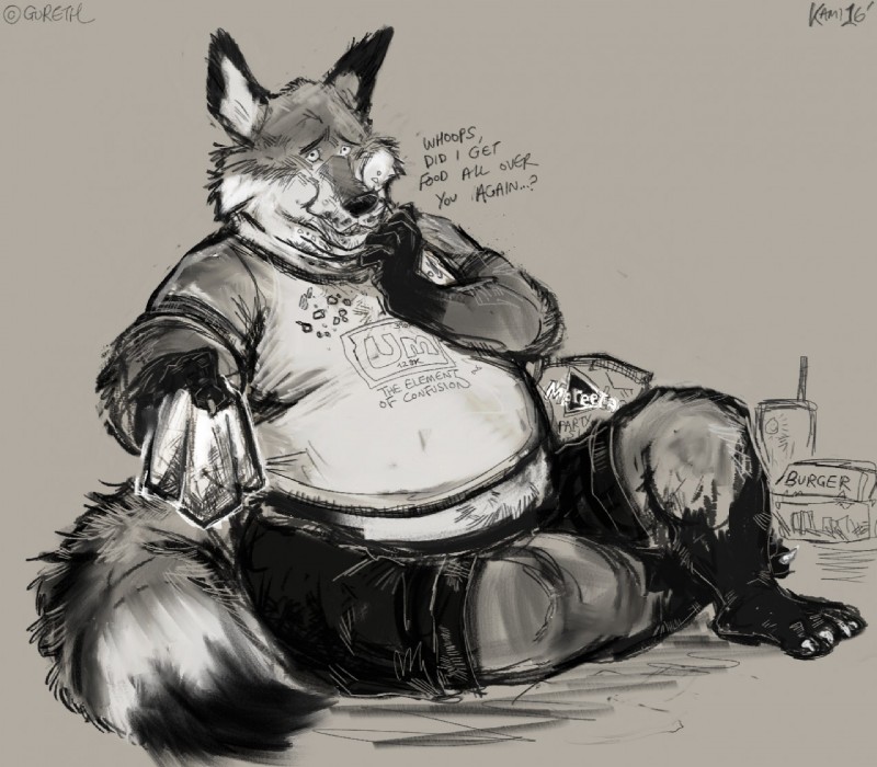 anthro barefoot belly big_belly claws clothed clothing dipstick_tail eating feet food male markings multicolored_tail napkin obese obese_male overweight overweight_male slob tail tail_markings text toe_claws aokamidu guhreth canid canine fox mammal greyscale monochrome