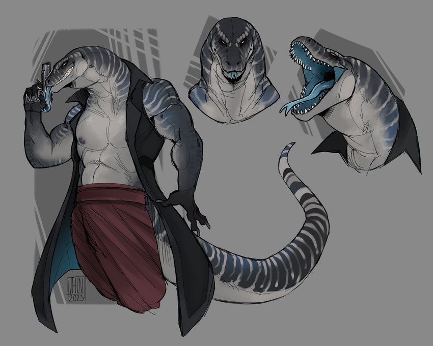 anthro blue_tongue clothed clothed_anthro clothed_male clothing forked_tongue gun male muscular muscular_anthro muscular_male open_clothing open_mouth open_topwear open_vest ranged_weapon solo striped_body stripes teeth tongue tongue_out topwear vest weapon cryptid_jhin lizard megalania monitor_lizard prehistoric_species reptile scalie absurd_res hi_res