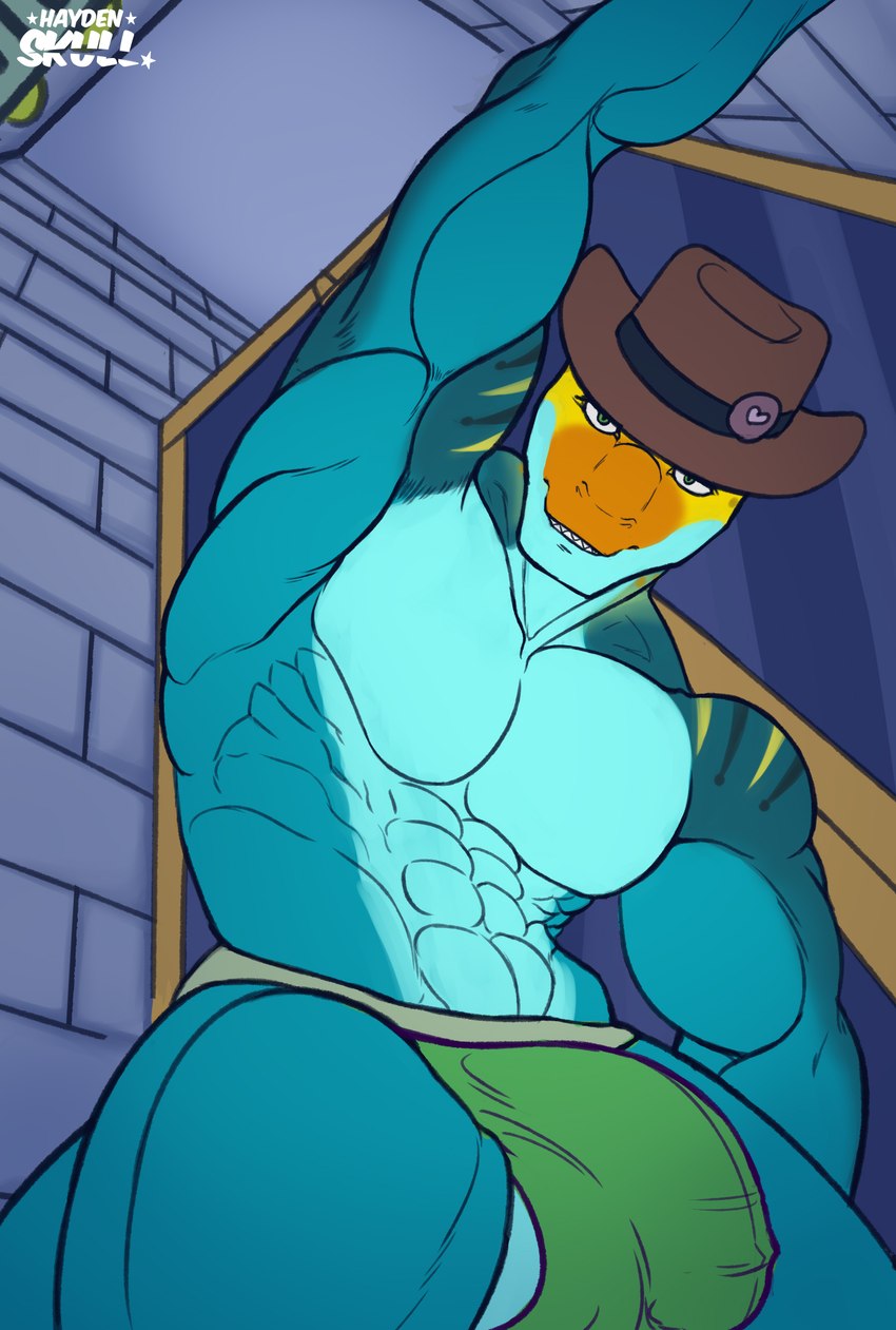 abs anthro ball_slip balls barely_contained biceps big_balls big_biceps big_bulge blue_body blue_scales bulge clothing cowboy_hat detailed_background detailed_bulge genital_outline genitals glass_door green_clothing green_eyes green_jockstrap green_underwear grinning_at_viewer hat headgear headwear heart_symbol inside jockstrap looking_at_viewer low-angle_view male markings mostly_nude muscular muscular_anthro muscular_male non-mammal_balls orange_body orange_scales pecs penis_outline scales serratus solo spots spotted_body spotted_scales standing striped_body striped_scales stripes teeth tile tile_wall underwear wall_(structure) wardrobe_malfunction yellow_body yellow_scales haydenskull monroe_lehner collared_lizard common_collared_lizard lizard reptile scalie 2023 digital_drawing_(artwork) digital_media_(artwork) flat_colors hi_res signature