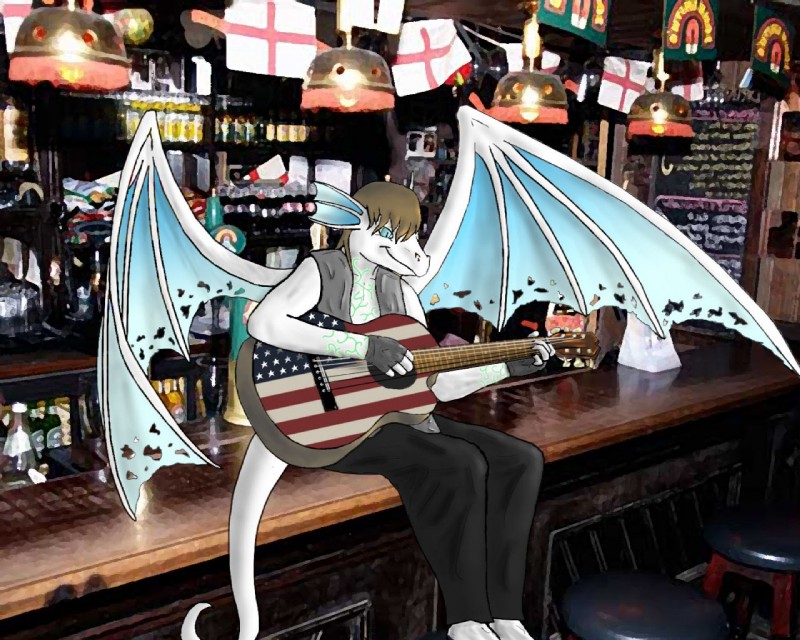 american_flag anthro bar bottomwear clothing english_flag fin furniture gloves guitar handwear jacket male markings membrane_(anatomy) membranous_wings music musical_instrument pants playing_guitar playing_music plucked_string_instrument pub real solo stool string_instrument tail topwear united_states_of_america wings mekiota mythology dragon mythological_creature mythological_scalie reptile scalie 5:4