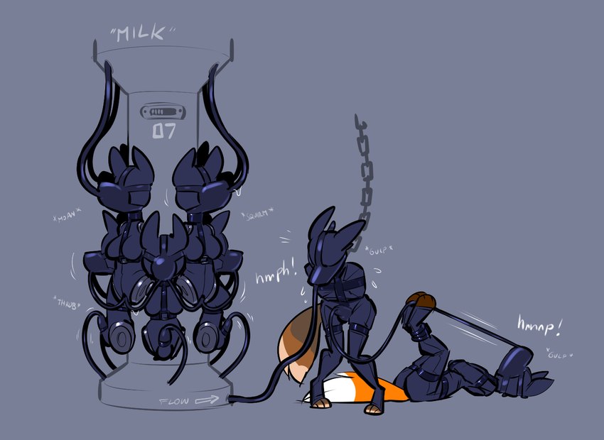 4_missing_limbs amputee anthro bound contraption disability female forced_drinking group gynomorph intersex latex machine male milking_machine moan muzzle_(object) quadruple_amputee restraints straitjacket struggling swallowing banderi canid canine fox mammal