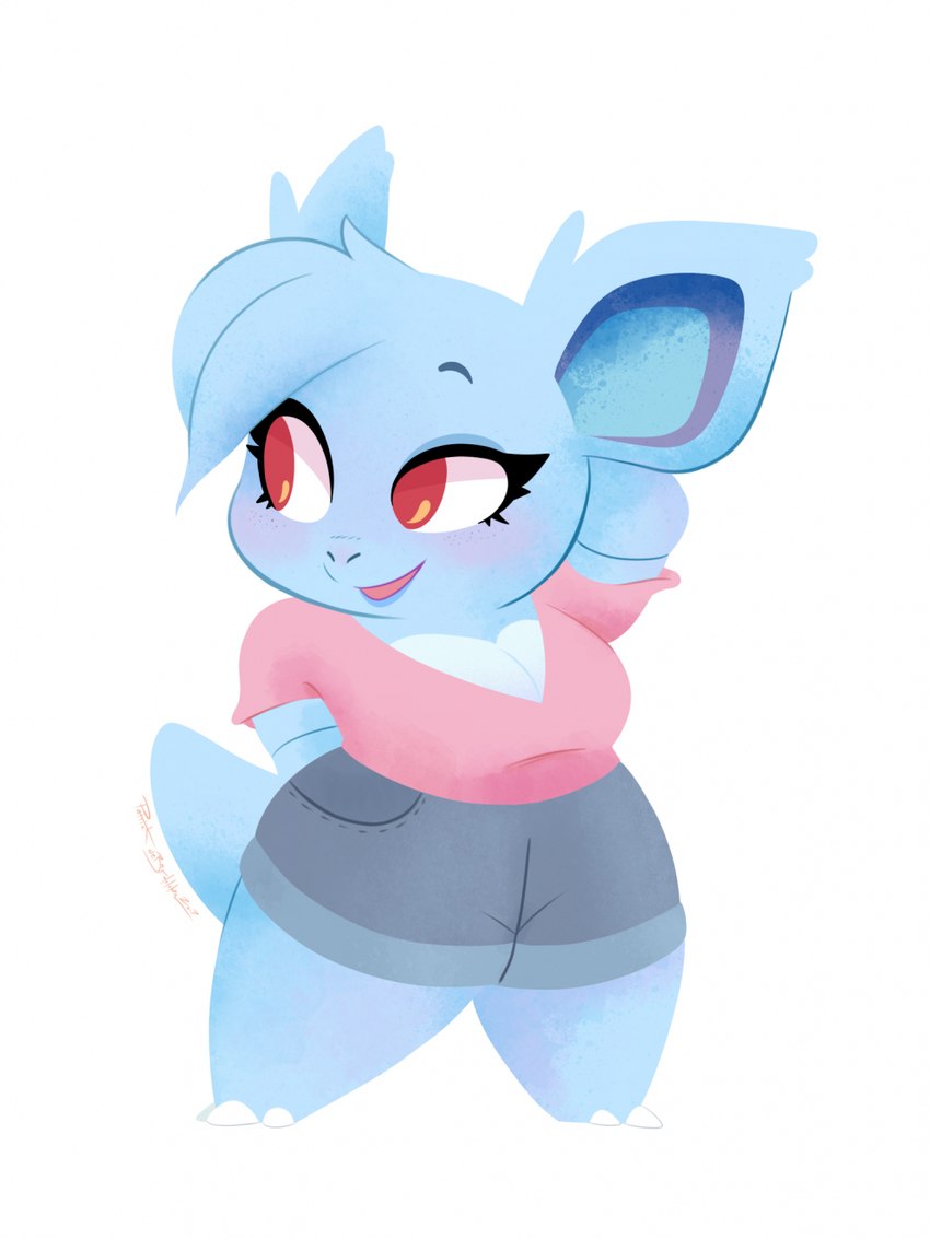 anthro bangs blue_body blue_fur blue_hair bottomwear clothing female fur hair pink_clothing pink_shirt pink_topwear red_eyes shirt short_stack shorts solo topwear buzzkillbluefish nintendo pokemon nini_(abgallery) generation_1_pokemon nidorina pokemon_(species) hi_res