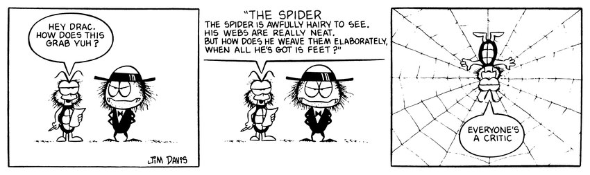 3_panel_comic antennae_(anatomy) anthro bow_tie clothing dialogue duo front_view hat headgear headwear holding_object holding_paper humor looking_at_viewer male paper poetry reading reading_aloud spider_web talking_to_viewer trapped_in_web jim_davis_(artist) gnorm_gnat_(series) jim_davis public_domain drac_webb gnorm_gnat_(character) arachnid arthropod gnat insect spider 1974 20th_century absurd_res ancient_art black_and_white comic hi_res monochrome