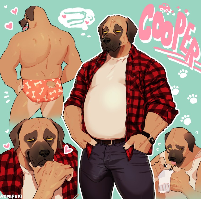 anthro belly biped bottomwear bulge clock clothed clothing detailed_bulge fur genital_outline heart_symbol male muscular muscular_anthro muscular_male pants penis_outline shirt solo standing tail topwear underwear watch nomifuki cooper_(nomifuki) canid canine canis domestic_dog mammal mastiff molosser digital_drawing_(artwork) digital_media_(artwork) hi_res