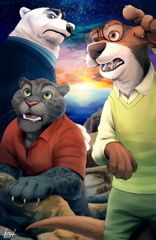 anthro black_body black_fur blue_eyes bottomwear brown_body brown_eyes brown_fur claws clothed clothing detailed_background eyewear fully_clothed fur glasses green_eyes group looking_back male melanistic open_mouth outside pants shirt sky star starry_sky sunset teeth topwear whiskers white_body white_fur knoll-noru disney zootopia emmitt_otterton koslov_(zootopia) renato_manchas bear felid jaguar lontra mammal mustelid north_american_river_otter otter pantherine polar_bear river_otter ursine 2017 hi_res