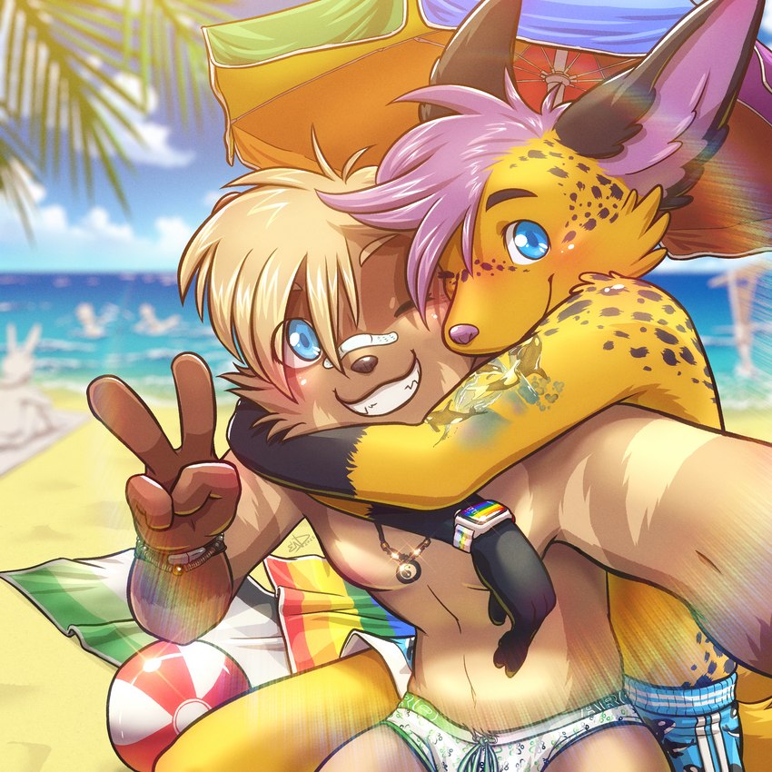 anthro arm_tattoo avery_(endcoon) ball bandage beach beach_ball beach_towel blonde_hair blue_eyes blue_sky blush brown_body brown_fur clock clothing cloud duo freckles fur fur_markings fur_tuft gesture hair hand_gesture hug hugging_another hugging_from_behind inflatable inner_ear_fluff jewelry kemono lens_flare lgbt_pride light male male/male markings multicolored_body multicolored_clothing multicolored_ears multicolored_fur multicolored_underwear necklace one_eye_closed palm_tree plant pride_colors purple_hair rainbow_pride_colors romantic romantic_couple seaside selfie shirtless shirtless_male six-stripe_rainbow_pride_colors sky smile smiling_at_viewer smirk speedo spots spotted_body sunlight swimming_trunks swimwear tattoo towel tree tuft umbrella underwear v_sign watch water wink yellow_body yellow_fur yin_yang endcoon apple_inc. apple_watch alby background_character canid canine cetacean dolphin fennec_fox fox mammal marine oceanic_dolphin orca procyonid raccoon toothed_whale true_fox 1:1 hi_res