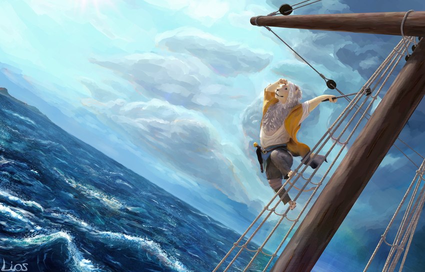 adventure anthro armed chest_tuft cloud dutch_angle fur hair lookout male mast pawpads pirate rigging rope sailing_ship sailing_watercraft sea ship sky solo text tuft vehicle water watercraft wave white_hair yellow_body yellow_fur liosoun felid feline lion mammal pantherine absurd_res digital_media_(artwork) digital_painting_(artwork) english_text hi_res