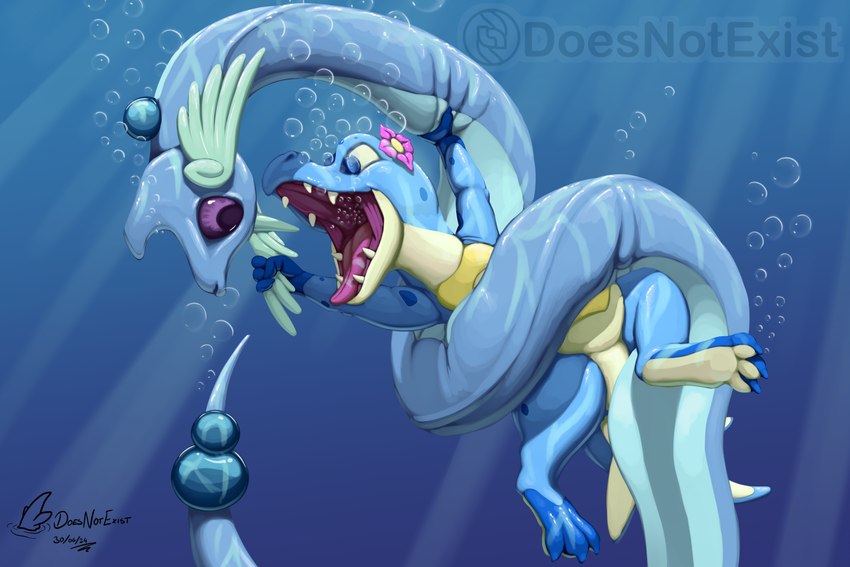 blue_body blue_eyes blue_scales bubble coiling coiling_another countershading fangs female feral mouth_shot open_mouth purple_eyes scales serpentine tan_body tan_scales teeth tongue underwater water doesnotexist nintendo pokemon subscribestar lotus_snapjaw crocodilian dragonair generation_1_pokemon generation_2_pokemon pokemon_(species) reptile scalie totodile 2024 dated digital_media_(artwork) hi_res signature watermark