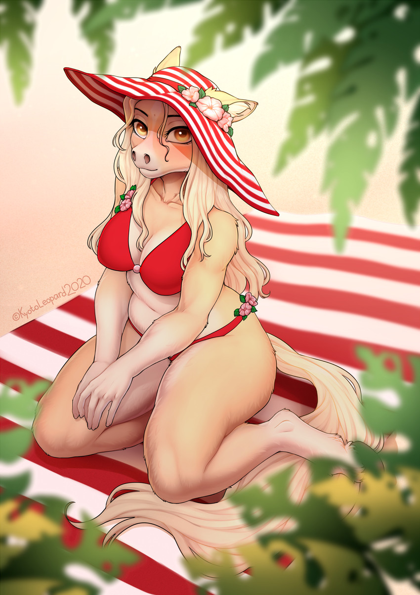 5_fingers anthro beach bikini blonde_hair breasts brown_eyes cleavage clothed clothing day detailed_background eyebrows eyelashes female fingers fur hair hat headgear headwear hooves kneeling looking_at_viewer multicolored_hat outside pattern_clothing pattern_hat pattern_headgear pattern_headwear red_bikini red_clothing red_hat red_headwear red_swimwear sand seaside slightly_chubby solo striped_clothing striped_hat striped_headgear striped_headwear stripes sun_hat swimwear tan_body tan_fur two-piece_swimsuit unguligrade white_clothing white_hat white_headwear kyotoleopard diana_(kyotoleopard) equid equine horse mammal 2020 absurd_res dated digital_media_(artwork) hi_res shaded