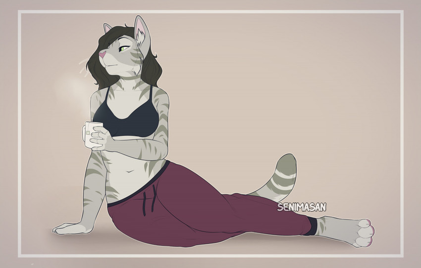 4_toes 5_fingers anthro beverage black_hair bottomwear bra breasts clothing container cup eyebrows eyelashes feet female fingers green_eyes hair inner_ear_fluff midriff navel pants pink_nose simple_background solo sweatpants tea text toes tuft underwear senimasan felid feline mammal 2021 artist_name digital_media_(artwork)