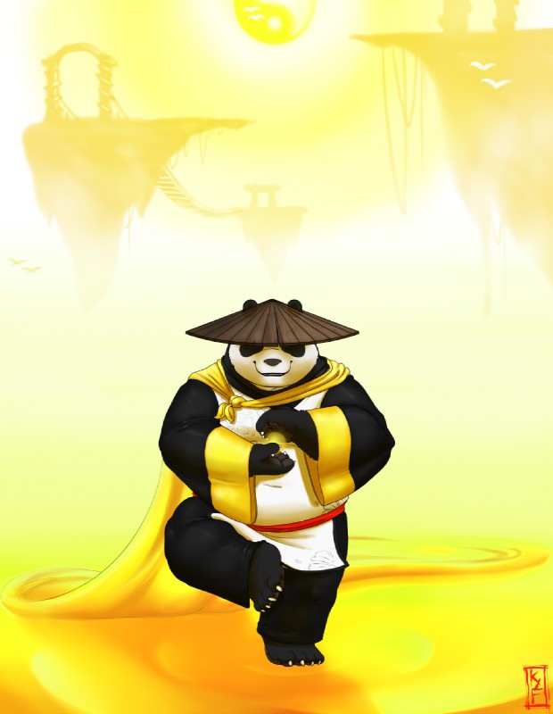 4_toes anthro barefoot belly black_body black_fur bottomwear cape claws clothed clothing feet front_view fully_clothed fur furgonomics hat headgear headwear male on_one_leg outside overweight overweight_anthro overweight_male pants paws smile solo standing toes white_body white_fur kronexfire dreamworks kung_fu_panda master_po_ping bear giant_panda mammal 2016 hi_res spot_color