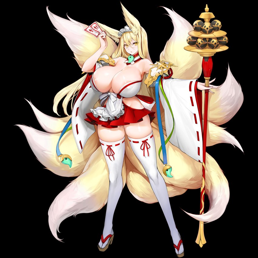 animal_ears apron areola areola_slip armpit_crease asian_clothing beads bell big_breasts biped blonde_hair bottomwear breasts clothing cutout drawstring east_asian_clothing feet female fluffy fluffy_tail footwear fox_ears fox_tail front_view game_cg geta groin groin_tendon hair hair_between_eyes hakama hakama_skirt hip_vent holding_object holding_staff huge_breasts japanese_clothing jewelry jingle_bell kagura_suzu legwear long_hair long_legs looking_at_viewer magatama maid_apron maid_headdress miko_outfit miniskirt multi_tail ofuda red_bottomwear red_clothing red_skirt shirt_collar shrine_maiden simple_background skindentation skirt socks solo staff tabi_socks tachi-e tail talisman thigh_highs transparent_background white_clothing white_legwear white_thigh_highs yellow_eyes snowball22 last_origin hirume canid canine fox fox_spirit humanoid mammal 1:1 alpha_channel digital_media_(artwork) full-length_portrait hi_res official_art portrait