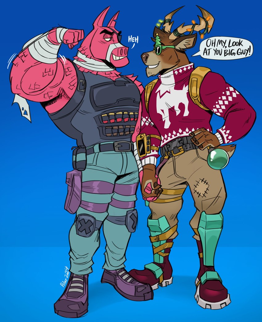 anthro anthro_on_anthro antlers arm_wraps armband belt biceps blue_background blush boots bottomwear bulletproof_vest christmas_lights clothed clothing dialogue duo eye_contact eye_patch eyebrows eyewear face_wraps flexing flexing_bicep footwear fur hand_holding horn legband looking_at_another male male/male motion_lines muscular muscular_anthro muscular_male nails narrowed_eyes notched_ear pants pinata romantic shoes simple_background smile standing sunglasses sweater teeth text thick_arms topwear tuft vest wool_(fur) wraps polartoons epic_games fortnite dolph_(fortnite) lt._john_llama animate_inanimate camelid deer living_pinata llama mammal new_world_deer reindeer 2024 absurd_res english_text hi_res signature