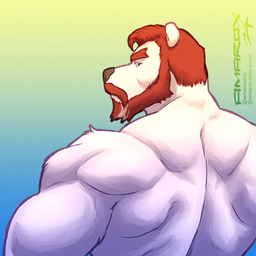 anthro back_muscles beard big_muscles clothed clothing facial_hair hair looking_back male muscular red_hair solo topless amarox rodric_(amarox) bear mammal polar_bear ursine 1:1 digital_drawing_(artwork) digital_media_(artwork) hi_res