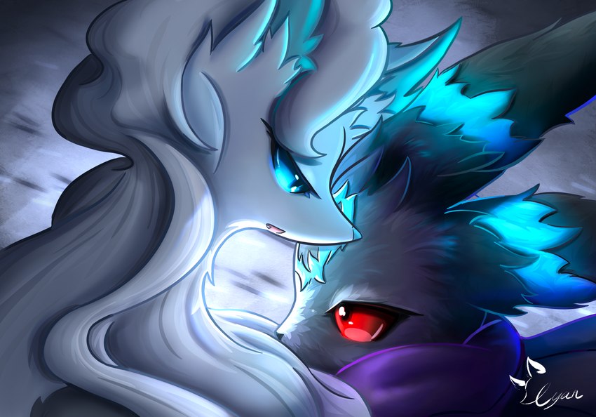 black_body black_fur blue_body blue_eyes blue_fur duo feral fur hair red_eyes smile white_body white_fur white_hair cyanglass nintendo pokemon alolan_form alolan_ninetales canid canine eeveelution generation_7_pokemon mammal pokemon_(species) regional_form_(pokemon) digital_media_(artwork) hi_res shaded