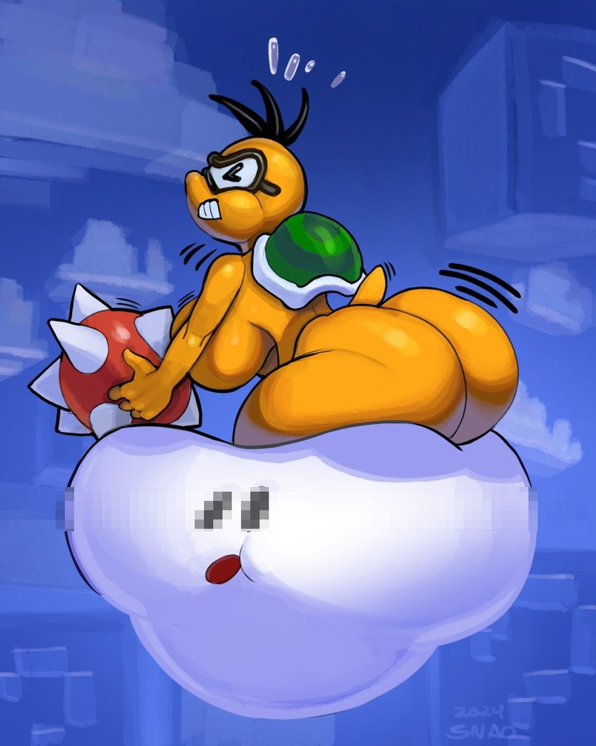 anthro big_breasts big_butt breasts butt cloud eyes_closed eyewear female huge_butt solo spikes tail teeth thick_thighs yellow_body snao mario_bros nintendo koopa lakitu lakitu's_cloud scalie censored