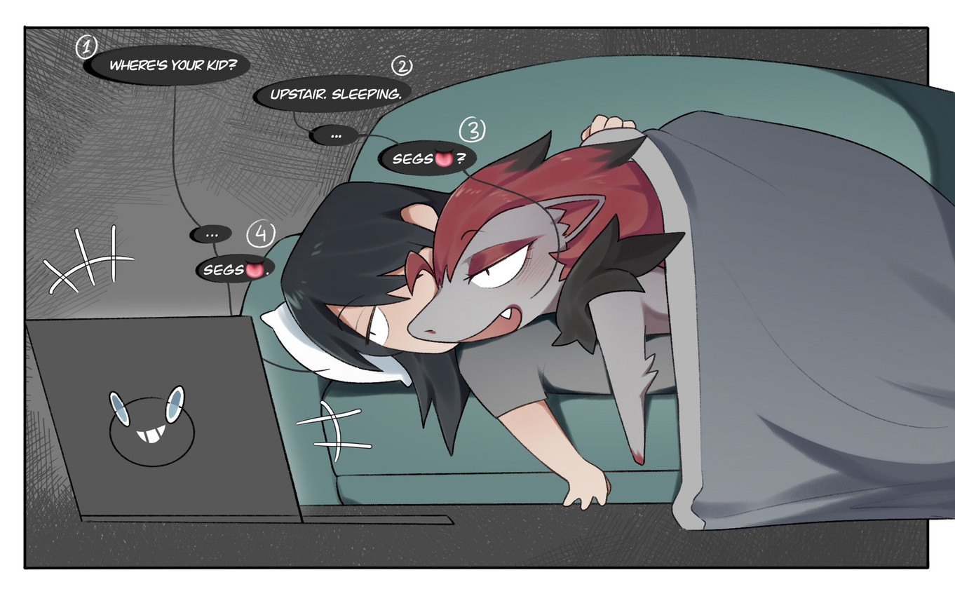 anthro biped black_body black_fur clothed clothing computer dialogue duo electronics female female_anthro fingers fur furniture grey_body grey_fur hair heart_symbol human_on_anthro interspecies laptop male male/female male_human open_mouth open_smile question_mark red_body red_fur simple_background smile sofa speech_bubble text under_covers svkhaiminh nintendo pokemon generation_5_pokemon human mammal pokemon_(species) zoroark english_text hi_res