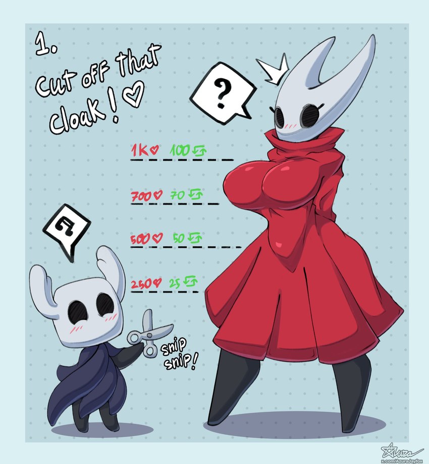 anthro biped black_body black_eyes blue_background blush breasts clothing duo exclamation_point female holding_object holding_scissors hollow_eyes interaction_drive male question_mark scissors shadow simple_background speech_bubble text white_body azura_inalis hollow_knight team_cherry hornet_(hollow_knight) the_knight_(hollow_knight) vessel_(species) absurd_res hi_res