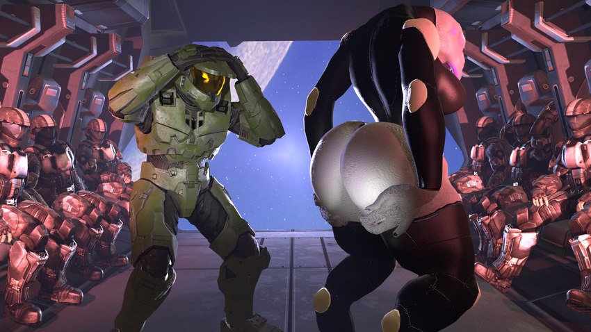 anthro armor big_butt butt clothed clothing exhibitionism female group headgear helmet male male/female odst sitting standing surprise applebite halo_(series) microsoft xbox_game_studios master_chief alien alien_humanoid humanoid sangheili 16:9 hi_res widescreen