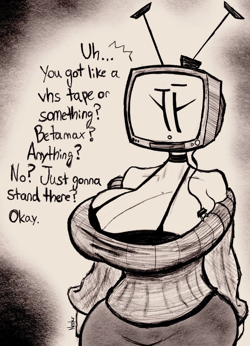 :o abstract_background big_breasts bottomwear bra breasts cable choker cleavage clothed clothing confusion curvy_figure dialogue electronics eyebrows eyelashes female for_a_head fully_clothed hourglass_figure huge_breasts jewelry necklace not_furry off_shoulder open_mouth pants plug raised_eyebrow screen screen_face small_waist solo standing sweater talking_to_viewer television text three-quarter_view topwear underwear wide_hipped_female wide_hipped_humanoid wide_hips ultraneeks tabitha_(ultraneeks) humanoid object_head screen_head tv_head digital_drawing_(artwork) digital_media_(artwork) english_text greyscale hi_res monochrome portrait signature three-quarter_portrait
