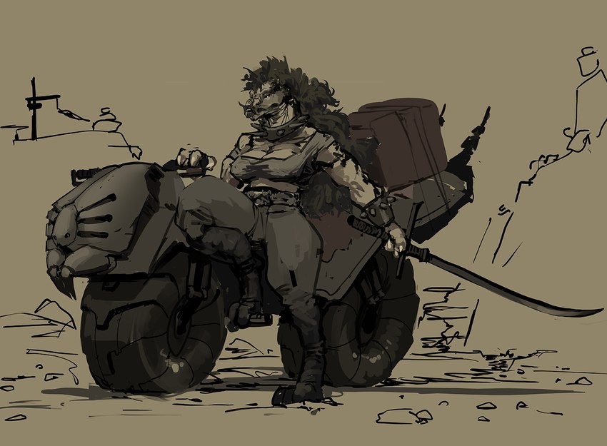 breasts clothed clothing fangs female hair melee_weapon motorcycle muscular muscular_female muscular_humanoid showing_teeth simple_background solo sword teeth vehicle weapon meandraco teraurge alien humanoid monster