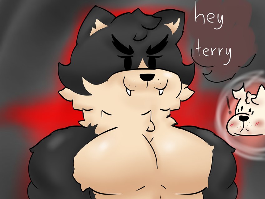 anthro big_breasts breasts duo fangs male male/male muscular muscular_male semi_nude teeth text ugly-rat15508 jess_(ugly-rat15508) terrence_(ugly-rat15508) canid canine canis domestic_dog mammal 4:3 hi_res