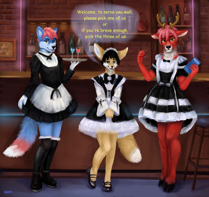 alcohol ambiguous_gender anthro antlers bar beverage biped black_hooves black_nose blue_eyes clothing detailed_background dialogue green_eyes group heterochromia hooves horn inside maid_uniform speech_bubble standing text trio uniform lora_mclaren canid canine deer fox mammal 2021 english_text hi_res