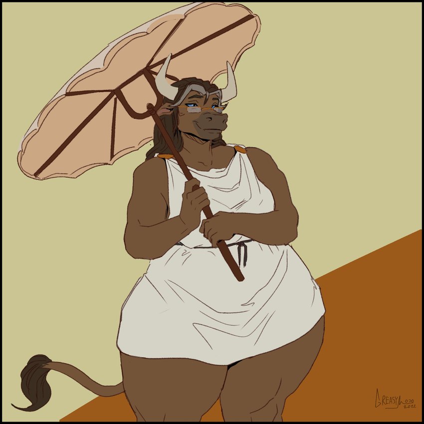 anthro blue_eyes brown_body brown_fur brown_hair closed_smile clothed clothing dress eyewear female fur glasses greying_hair hair holding_object holding_umbrella horn mouth_closed overweight overweight_anthro overweight_female pear-shaped_figure simple_background smile solo standing tail tail_tuft thick_thighs tuft umbrella wide_hips greasymojo european_mythology greek_mythology mythology iolanta_avarta bovid bovine cattle mammal minotaur 2022 hi_res