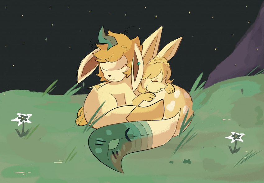 ambiguous_gender cuddling detailed_background duo feral fur grass night plant sleeping star yellow_body yellow_fur bloowolfy nintendo pokemon zelda_(bloowolfy) eeveelution generation_4_pokemon glaceon leafeon pokemon_(species) 2022