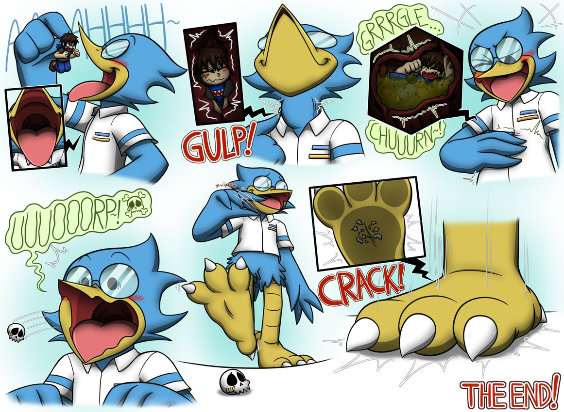 anthro anthro_pred avian_feet beak blue_body blue_feathers blush bodily_fluids bone bottomless burping burping_up_bones burping_up_object clothed clothing digestion duo eating esophagus extreme_size_difference eyewear fatal_vore feather_hands feathers feet foot_crush glasses grin inside_stomach internal male male/male male_human male_pred male_prey micro micro_prey mouth_shot no_uvula null onomatopoeia open_beak open_mouth oral_vore rumbling_stomach size_difference skull smile smug sound_effects standing stomach_acid stomping swallowed_alive swallowing talons text toes tongue toony unwilling_prey vore willing_pred sharkdiariesda deltarune undertale_(series) berdly avian bird human mammal digital_media_(artwork) hi_res sequence