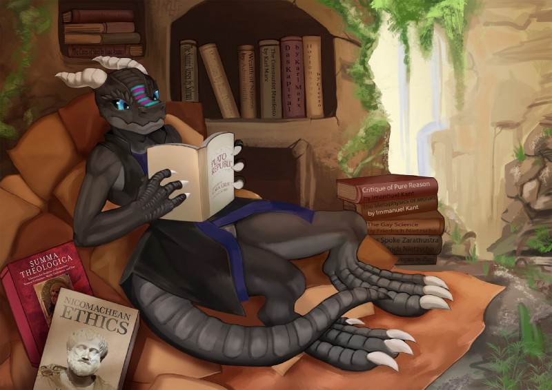 4_fingers 4_toes anthro biped black_body black_scales black_sclera black_tail blue_eyes book claws clothing detailed_background digitigrade feet female fingers holding_book holding_object horn reading robe scales sitting solo tail toes wolfgaoz sek kobold reptile scalie 2018