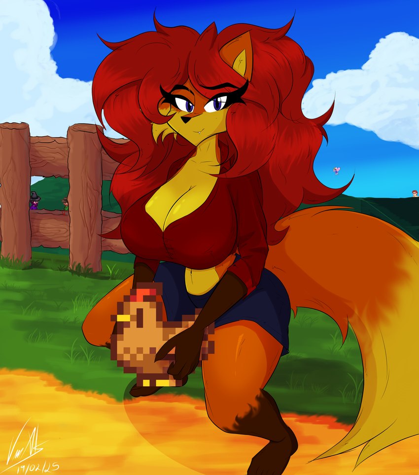 anthro big_breasts blush bottomwear breasts clothed clothing cloud country crouching curvy_figure female fur hair huge_breasts looking_at_viewer orange_body orange_fur purple_eyes red_clothing red_hair seductive shirt shorts simple_background sky solo tail thick_thighs topwear voluptuous wide_hips manuelangasfox stardew_valley adelma_(alelombardart) avian bird canid canine chicken fox galliform gallus_(genus) mammal phasianid red_fox true_fox 2025 absurd_res crossover digital_media_(artwork) hi_res shaded signature