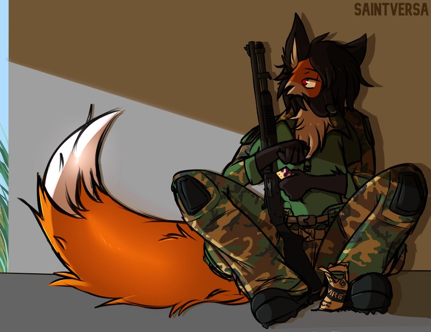 against_surface anthro apathetic big_tail clothed clothing eating eating_food food gun holding_object looking_away male military_clothing military_uniform mre ranged_weapon shadow shotgun simple_background sitting sitting_on_ground solo tail uniform weapon saintversa eli_cruz canid canine mammal maned_wolf hi_res