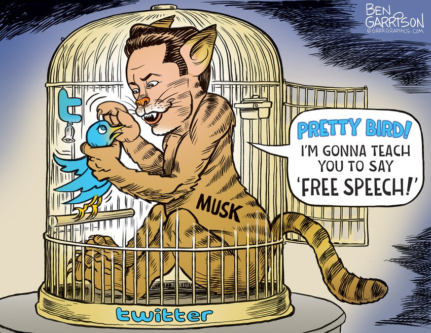 ambiguous_gender anthro big_dom_small_sub cage claws dialogue dominant duo feet feral finger_claws fingers male open_mouth political_cartoon politics simple_background sitting size_difference speech_bubble text text_on_body toe_claws toes what what_has_science_done why ben_garrison real_world twitter elon_musk twitter_bird avian bird domestic_cat felid feline felis human hybrid mammal 2022 artist_name digital_media_(artwork) english_text hi_res lol_comments meme url