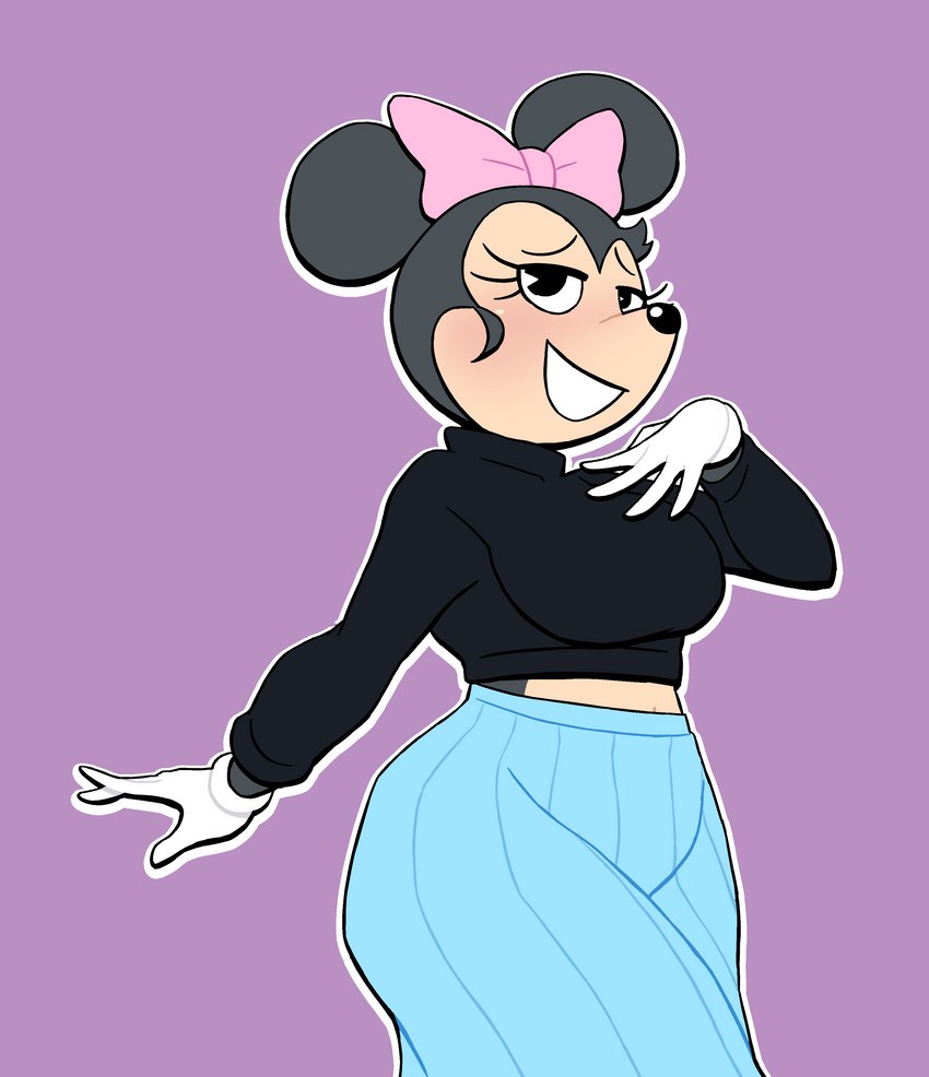 accessory anthro blush bow_ribbon clothed clothing female gloves grin hair_accessory hair_bow hair_ribbon handwear looking_at_viewer midriff purple_background ribbons simple_background smile solo lovetopullmicke disney minnie_mouse mammal mouse murid murine rodent absurd_res hi_res