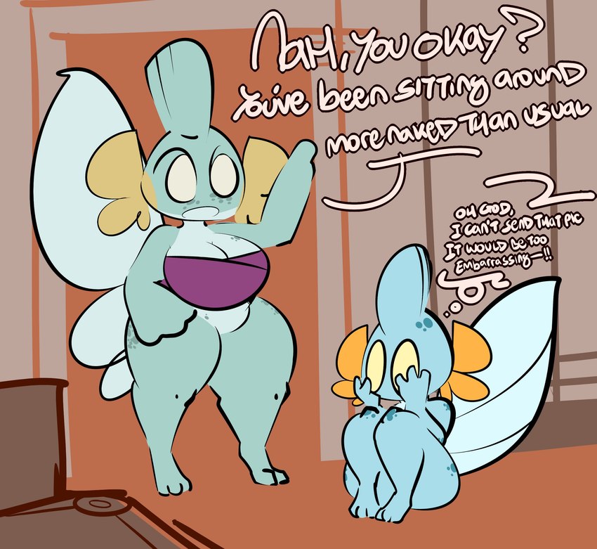 anthro blue_body chest_wraps clothing dialogue duo embarrassed female hand_on_face male mostly_nude nude thought_bubble wraps 1upgobbo nintendo pokemon kay_(1upgobbo) nah_(1upgobbo) generation_3_pokemon mudkip pokemon_(species) 2024 absurd_res hi_res brother_(lore) brother_and_sister_(lore) sibling_(lore) sister_(lore)