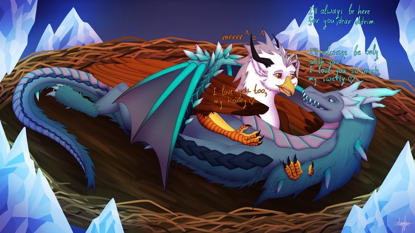 crystal duo feathers female feral heart_symbol horn love male male/female nest romantic romantic_couple tail adrim dota european_mythology mythology valve adrim_(character) auroth_the_winter_wyvern avian dragon gryphon mythological_avian mythological_creature mythological_scalie scalie western_dragon wyvern 16:9 4k absurd_res digital_media_(artwork) hi_res widescreen