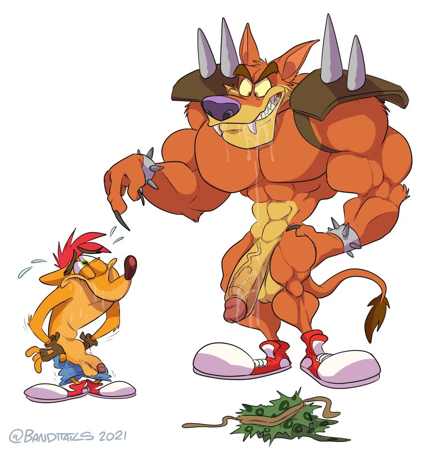 anthro balls big_balls big_penis circumcised clothing duo flaccid footwear genitals huge_penis humanoid_genitalia humanoid_penis larger_male male male/male muscular penis penis_size_difference shoes simple_background size_difference smaller_male undressing white_background foxbtails activision crash_bandicoot_(series) crash_bandicoot tiny_tiger bandicoot dasyuromorph mammal marsupial recently_extinct_species thylacine 2021 hi_res