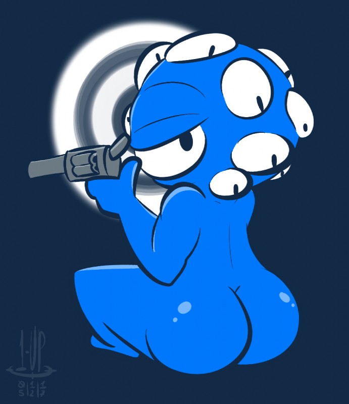 butt gun handgun looking_at_viewer male multi_eye not_furry pistol ranged_weapon simple_background solo weapon 1upgobbo nuclear_throne eyes_(nuclear_throne) alien monster blue_and_white monochrome