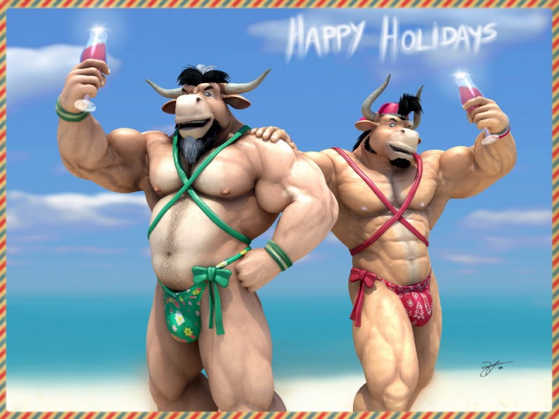 abs anthro duo holidays male muscular muscular_male navel nipples braford christmas oscar_(braford) sam_(braford) bovid bovine cattle mammal 4:3