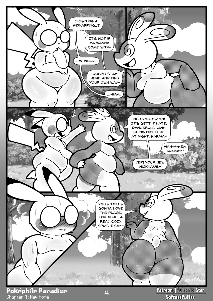 anthro big_butt blush bodily_fluids butt dialogue eyewear glasses open_mouth spiral_eyes sweat text thick_thighs wide_hips softestpuffss nintendo pokemon pokemon_mystery_dungeon spike_chunsoft carmella_(softestpuffss) spinda_(softestpuffss) generation_1_pokemon generation_3_pokemon pikachu pokemon_(species) spinda absurd_res comic english_text hi_res monochrome