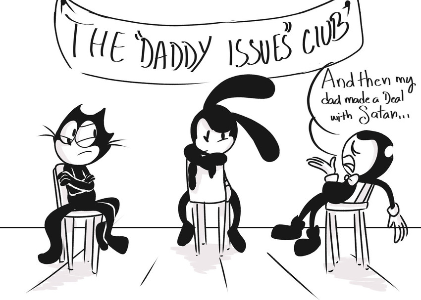 anthro banner black_body black_fur bow_tie chair clothing dialogue fleischer_style_toon fur furniture gloves group handwear male text toony deez-art bendy_and_the_ink_machine disney felix_the_cat_(series) bendy_the_dancing_demon felix_the_cat oswald_the_lucky_rabbit demon domestic_cat felid feline felis lagomorph leporid mammal rabbit digital_media_(artwork) english_text monochrome