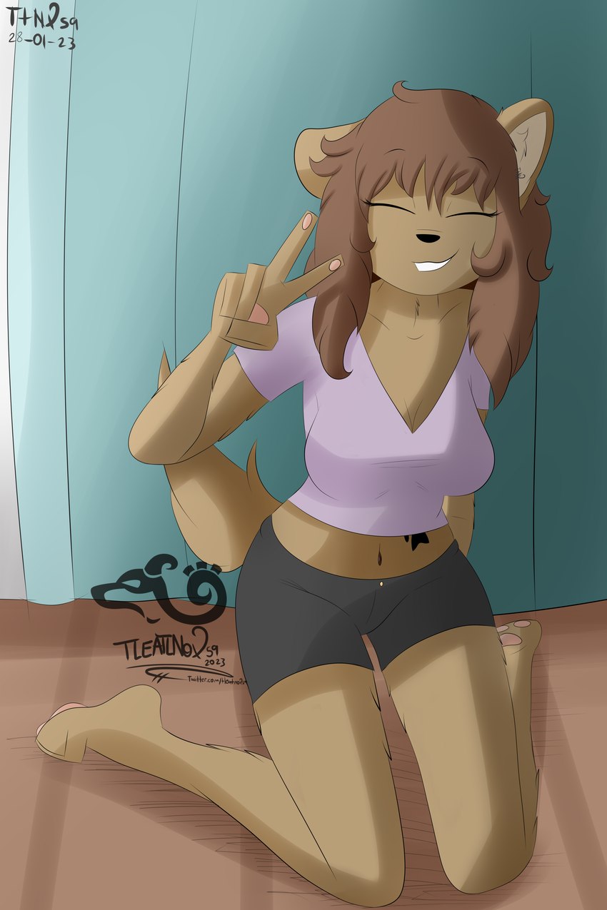 anthro barefoot bed black_nose brown_body brown_hair detailed_background eyes_closed feet female floor fluffy furniture hair light_clothing navel navel_piercing one_ear_up pawpads paws piercing smile smiling_at_viewer solo tail tattoo teeth tleatlnox59 corgee_(tleatlnox59) canid canine canis domestic_dog mammal 2:3 absurd_res hi_res