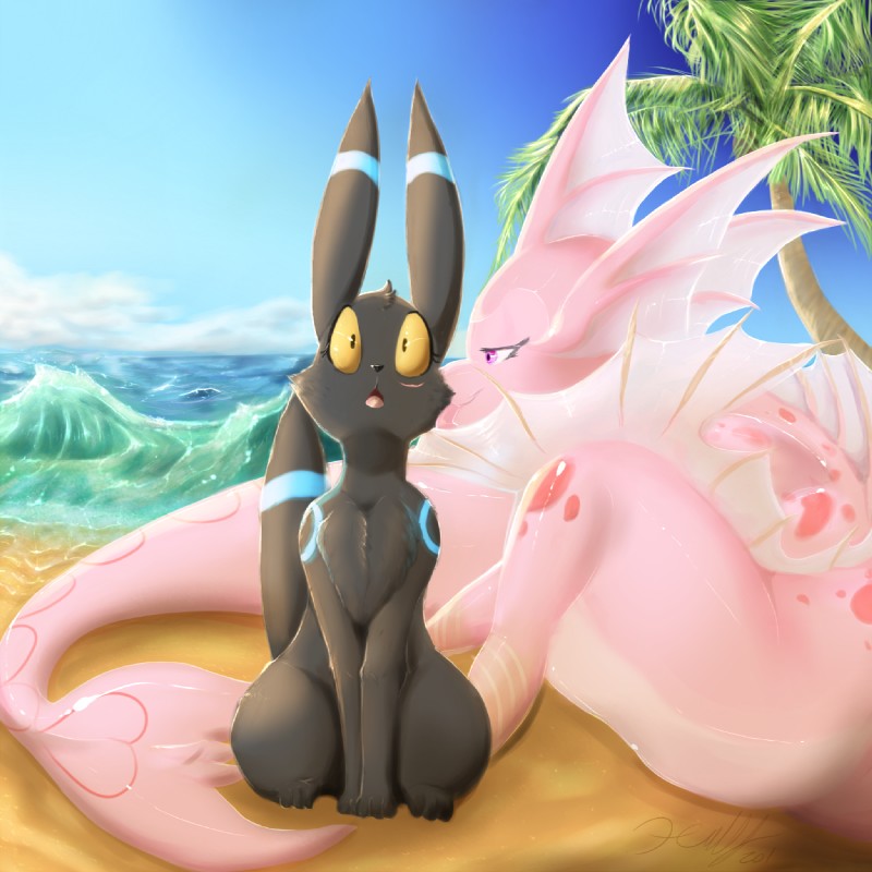 alternate_color beach detailed_background duo facial_scar female feral fin frill_(anatomy) licking membrane_(anatomy) membranous_frill neck_frill palm_tree plant scar seaside tail tail_fin tongue tongue_out tree water xilrayne nintendo pokemon fan_character shiny_(s3eker) eeveelution generation_1_pokemon generation_2_pokemon pokemon_(species) shiny_pokemon umbreon vaporeon 1:1 hi_res