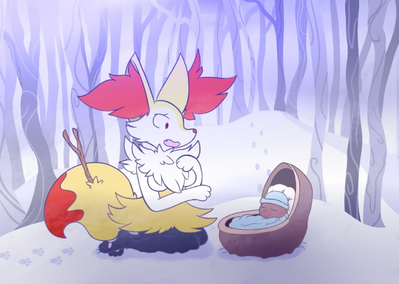 abandoned adoption_box anthro baby box breasts container detailed_background duo female forest male outside plant snow tree young blue-rum pokelolo99 nintendo pokemon drake_lyra fan_character minx_lyra braixen canid canine generation_6_pokemon human mammal pokemon_(species) 2018 artist_collaboration digital_media_(artwork)