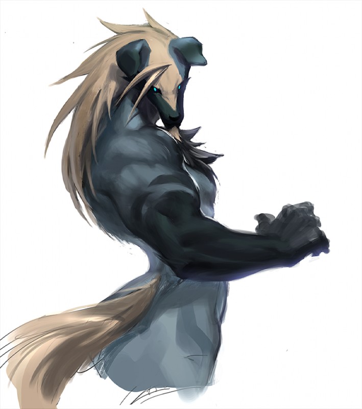 anthro biceps biped blue_body blue_fur fur male muscular muscular_anthro muscular_male nude pecs pose solo standing tail jeacn arc_system_works blazblue valkenhayn_r._hellsing canid canine canis mammal wolf